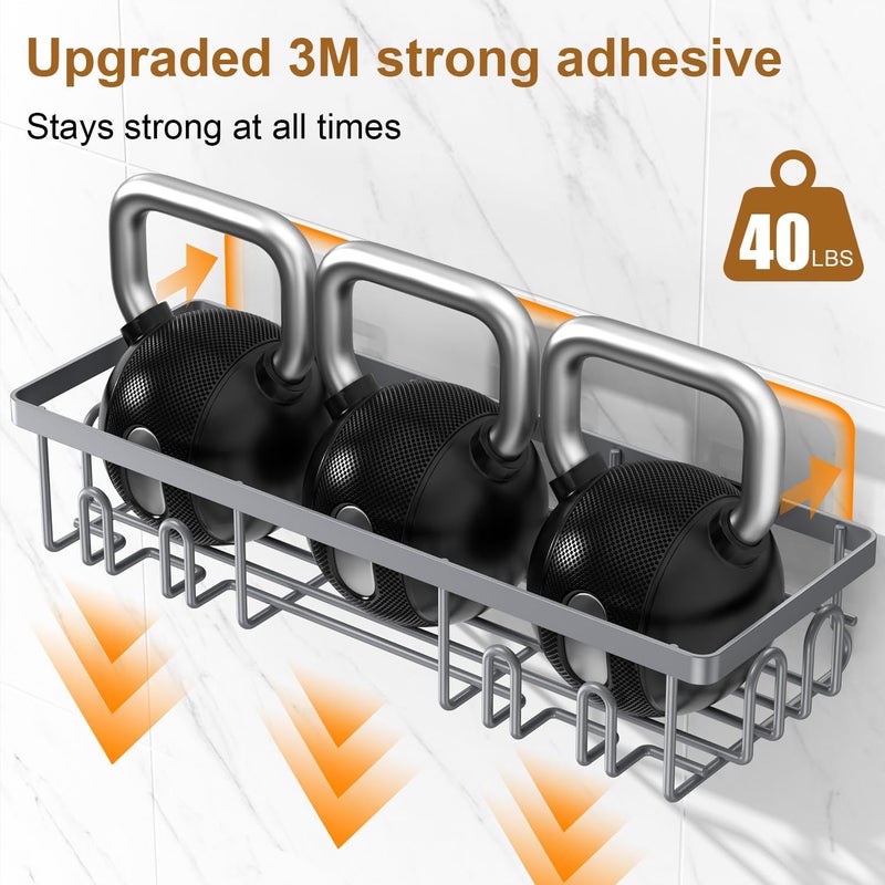 Getsrichfc 2025 New Adhesive Shower Caddy, Shower Shelves with 16 Hooks, Grey 2 Pack - Image 5